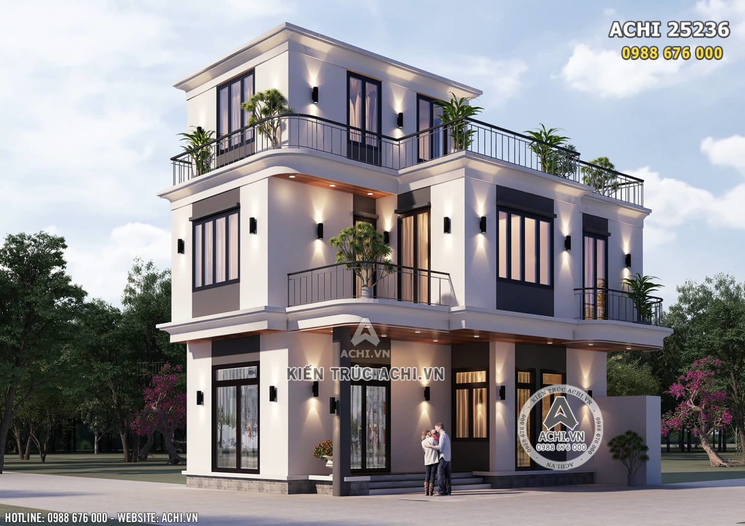 Phối cảnh 3D ngoại thất mẫu nhà 2.5 tầng 1 tum đẹp hiện đại